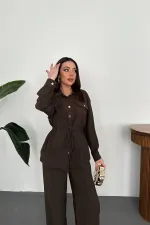 Toptan Kahverengi Düğme Detaylı Gömlek Ve Nervürlü Pantolon