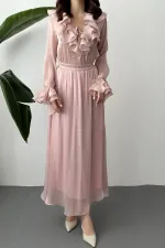 Toptan Pudra Fırfırlı Bluz Lastikli Etek Takım