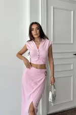 Toptan Pudra Keten Gömlek Ve Etek Takım