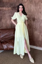 Toptan Sarı Kruvaze Yaka Müslin Keten Elbise