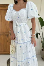 Wholesale Blue Lace Detailed Embroidered Dress