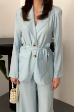 Toptan Mavi Belden Bağlamalı Ceket Ve Pantolon Takım