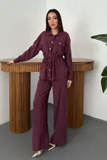 Toptan Mürdüm Düğme Detaylı Gömlek Ve Nervürlü Pantolon Takım