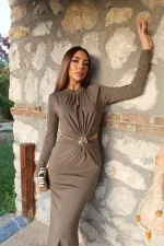 Toptan Haki Pencere Detaylı Büzgülü Elbise