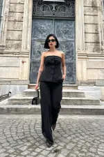 Ensemble haut court et pantalon boutonné sans bretelles noir en gros