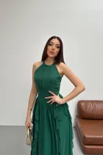Toptan Zümrüt Önü Büzgülü Fırfırlı Elbise