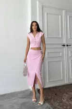 Toptan Pudra Keten Gömlek Ve Etek Takım