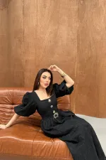 Toptan Siyah Balon Kol Üç Düğmeli Kemer Detaylı Elbise