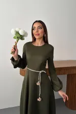 Toptan Haki Balon Kollu Kuşaklı Elbise