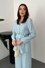 Toptan Mavi Belden Bağlamalı Ceket Ve Pantolon Takım