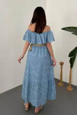 Wholesale Baby Blue Elastic Shoulder Embroidered Dress