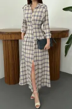 Wholesale Blue Pleated Plaid Dress