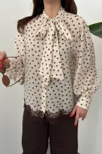 Toptan Bej Puantiyeli Dantelli Gömlek