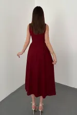Toptan Bordo Yanları Büzgülü Midi Boy Keten Elbise