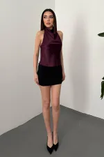 Toptan Bordo Degaje Saten Bluz