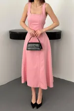 Toptan Pembe Çift Dikişli Gabardin Elbise