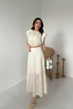 Toptan Ekru Dantelli Bluz Ve Etek Takım