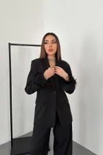 Toptan Siyah Kol Ucu Tüylü Ceket & Pantolon Takım