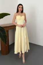 Toptan Sarı Yırtmaçlı Göğüs Kuplu Atlas Elbise