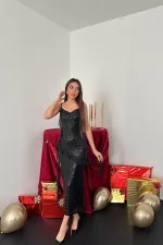 Wholesale Black Sequined Chiffon Ruffle Dress