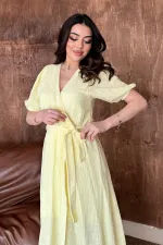 Toptan Sarı Kruvaze Yaka Müslin Keten Elbise