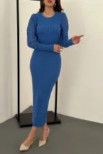 Toptan Mavi Kolları Örgülü Triko Elbise