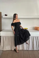 Toptan Siyah Gipeli Brode Elbise