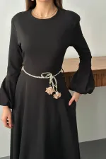 Toptan Siyah Balon Kollu Kuşaklı Elbise