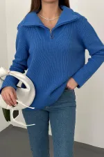Toptan Mavi Fermuarlı Ve Boğazlı Triko Kazak