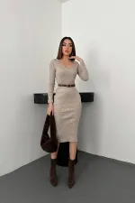 Wholesale Beige Knit Dress with Slit Skirt