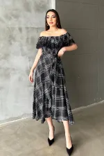 Toptan Lacivert Ekoseli Dantelli Elbise