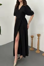 Robe longue noire en mousseline de mousseline en gros