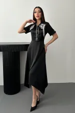 Toptan Siyah Fular Detaylı Saten Elbise