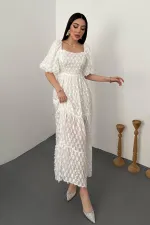 Toptan Beyaz Balon Kollu Fırfırlı Elbise