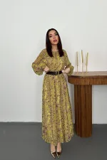 Toptan Yeşil Fırfırlı Şifon Elbise