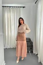 Jupe plissée en vison avec garniture en cuir en gros