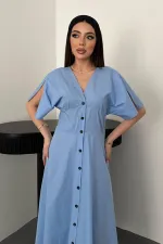 Toptan Mavi Düğmeli Midi Boy Poplin Elbise