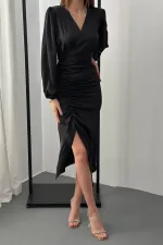 Toptan Siyah V Yaka Saten Elbise