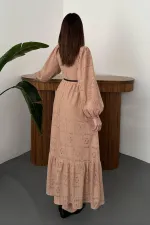 Toptan Bej Dantelli Elbise