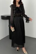 Toptan Siyah Fırfırlı Bluz Lastikli Etek Takım