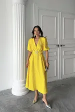 Toptan Sarı Işıltılı Kemerli Kruvaze Elbise