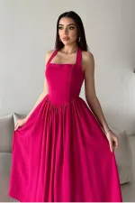 Robe en lin fuchsia à col licou en gros