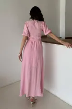 Toptan Pembe Kruvaze Yaka Müslin Keten Elbise