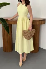 Toptan Sarı Arkası Gipeli Keten Elbise