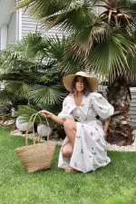 Toptan Kahverengi Yakası Çiçek Motifli Kemerli Elbise