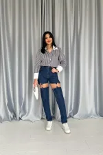 Toptan Mavi Askılı İki Parça Jeans Pantolon