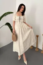 Toptan Bej Dantel Detaylı Brode Elbise