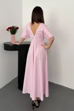 Toptan Pembe Düğmeli Midi Boy Poplin Elbise
