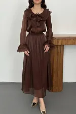 Toptan Kahverengi Fırfırlı Bluz Lastikli Etek Takım