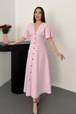 Toptan Pembe Düğmeli Midi Boy Poplin Elbise